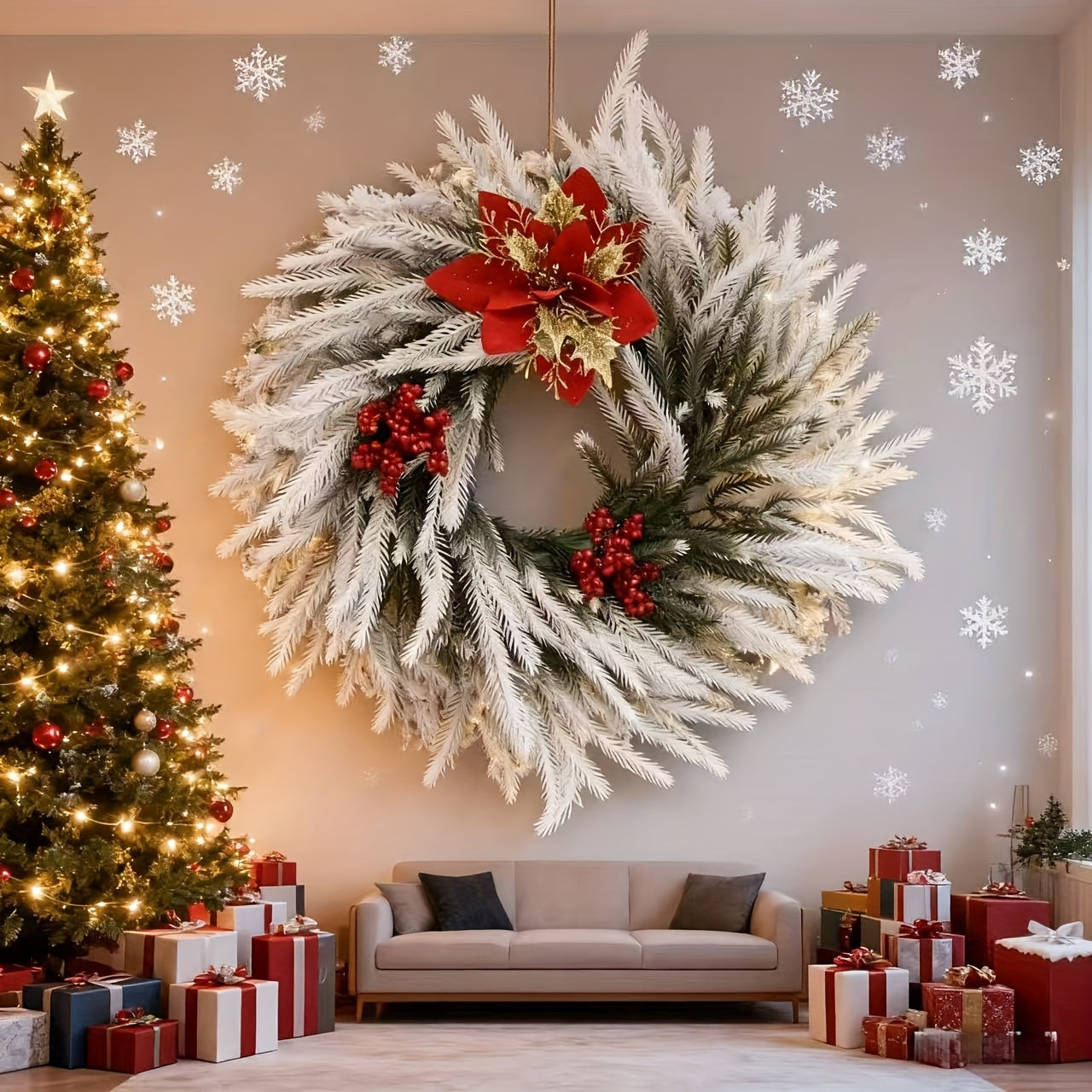 White Christmas Wreath with Red Berries-1