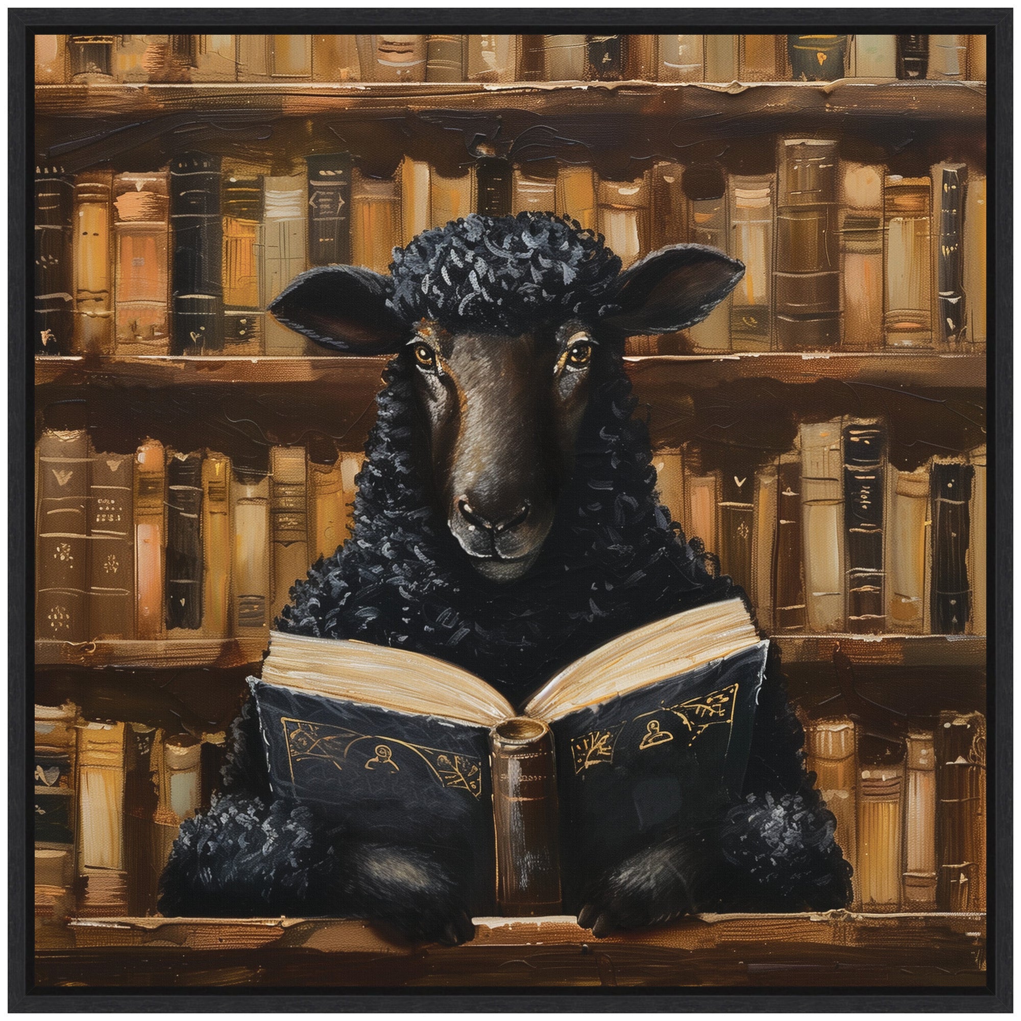 Sylvie Traditional Black Sheep Reading in Vintage Library Framed Canvas by The Creative Bunch Studio