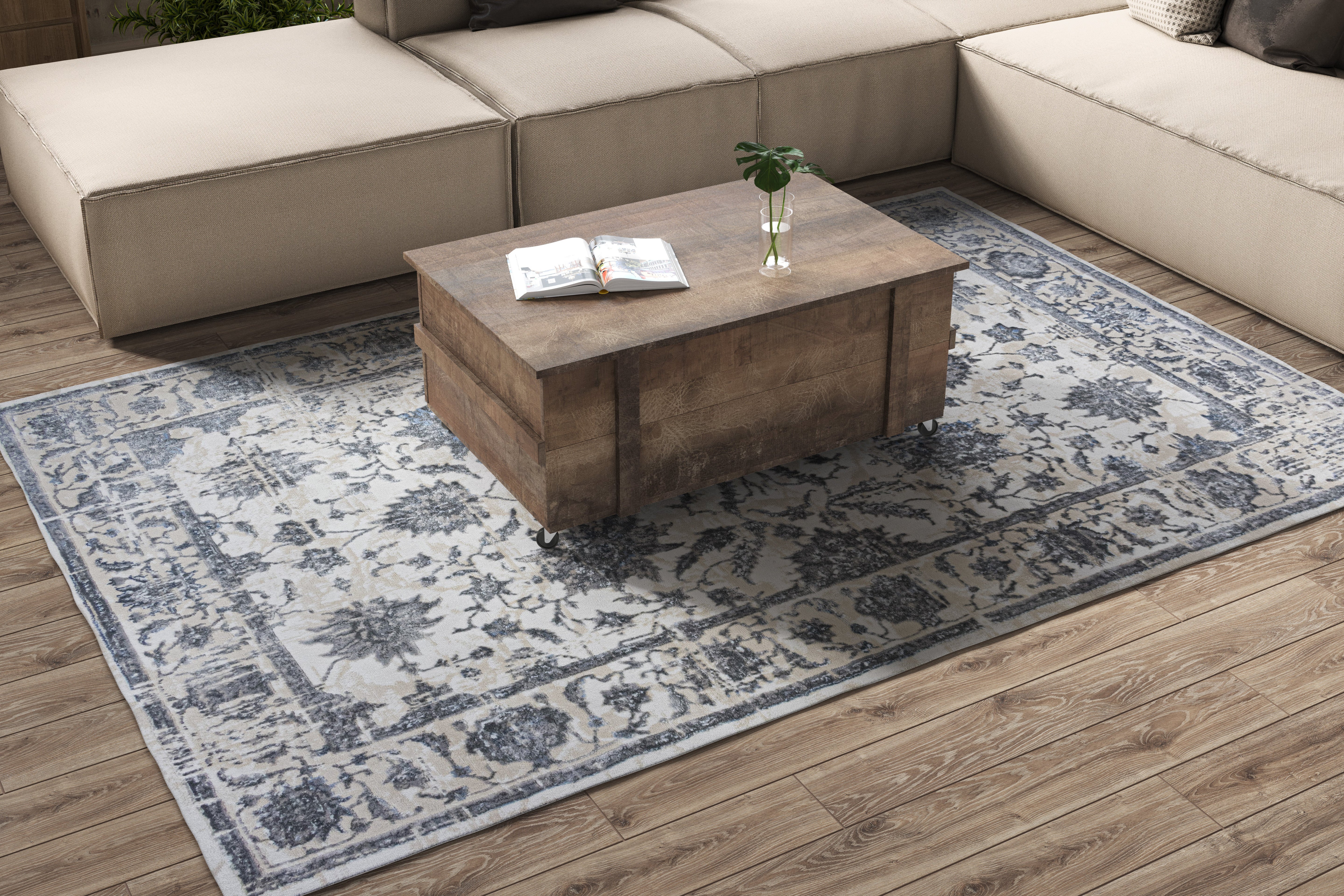 ROY's Home High&Low Area Rugs, Big Flower Vintage Lines Effect, Shiny Dark and Silver Effect