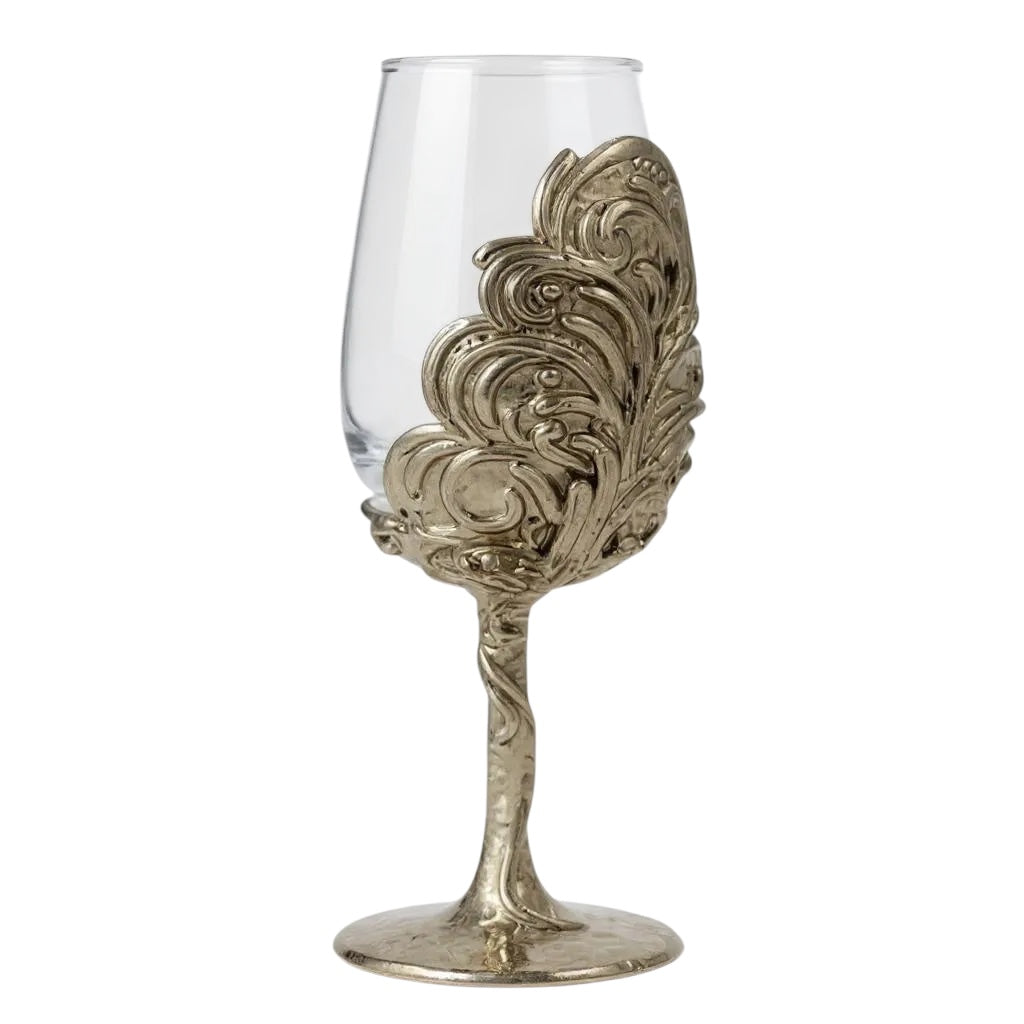 Set of 4 - Intricate Leaf/Ambi Design Wine Glasses | Decorative Drinkware | Statement Barware | Silver, Gold or Antique Finish-5