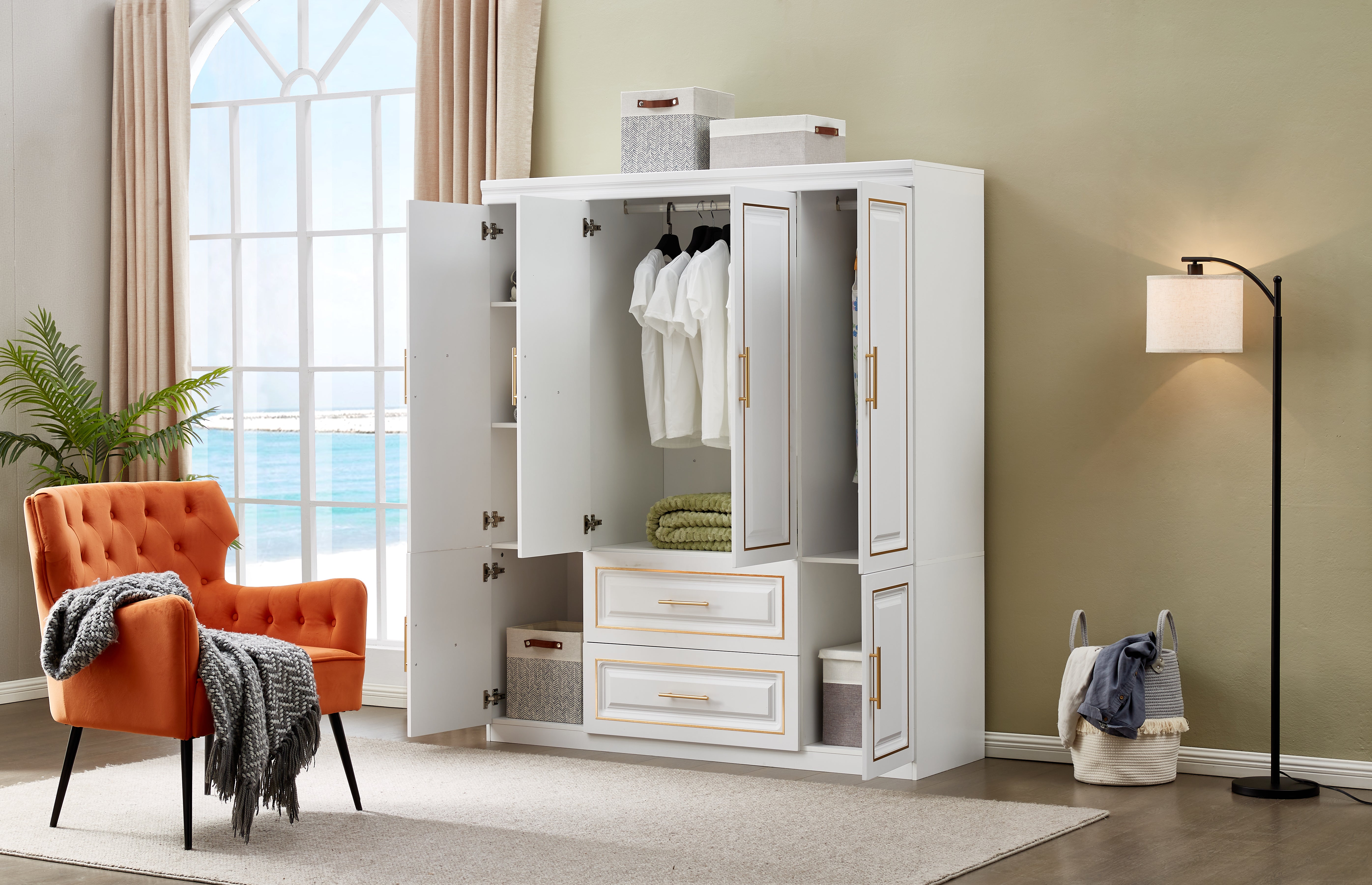 74'' H 4-Door White Wooden Wardrobe Closet | Freestanding Bedroom Armoire with 2 Drawers, Hanging Rod & Storage Shelves