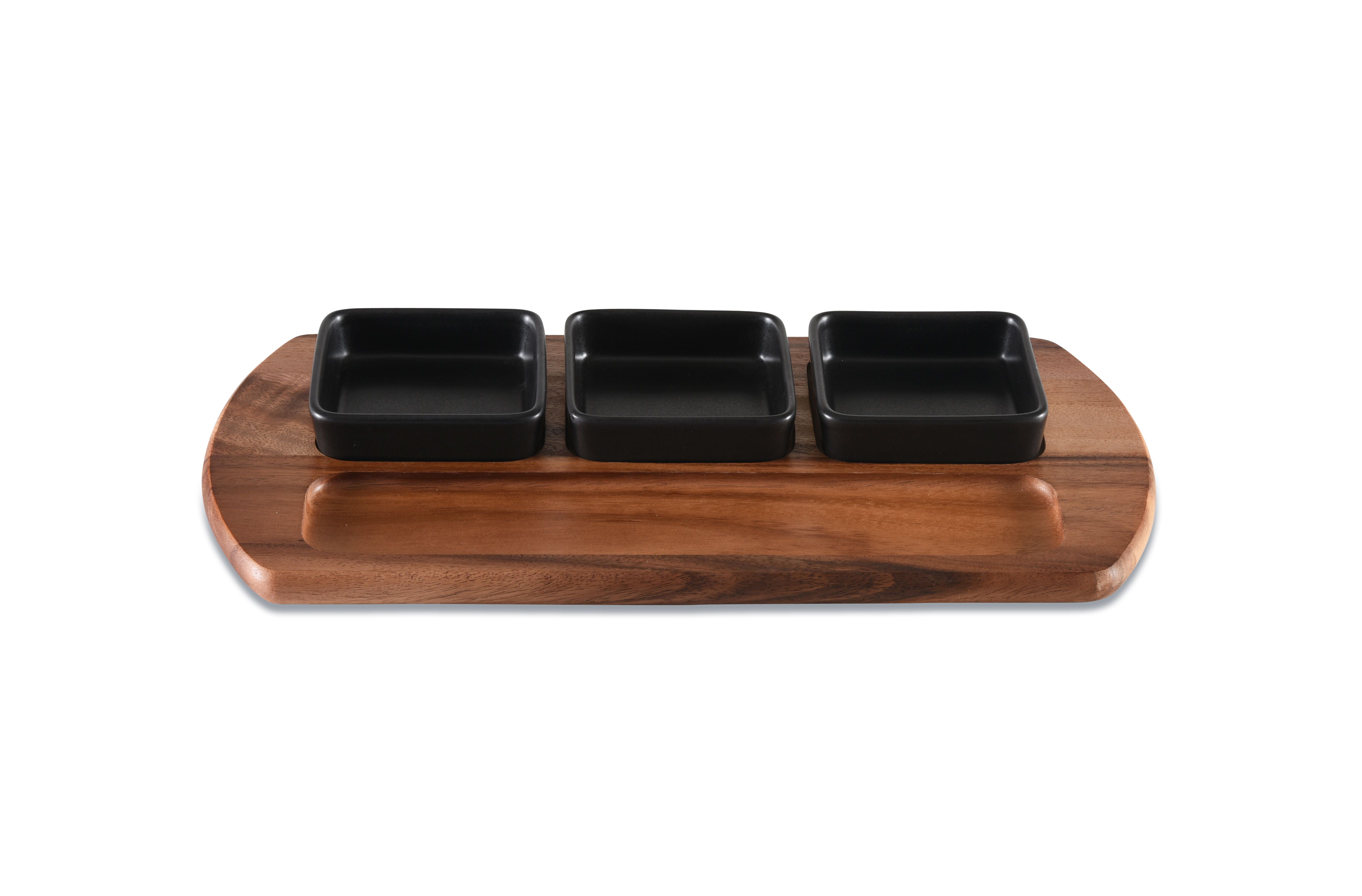 Charcuterie / Serving Tray w/ 3 Square Ceramic Bowls
