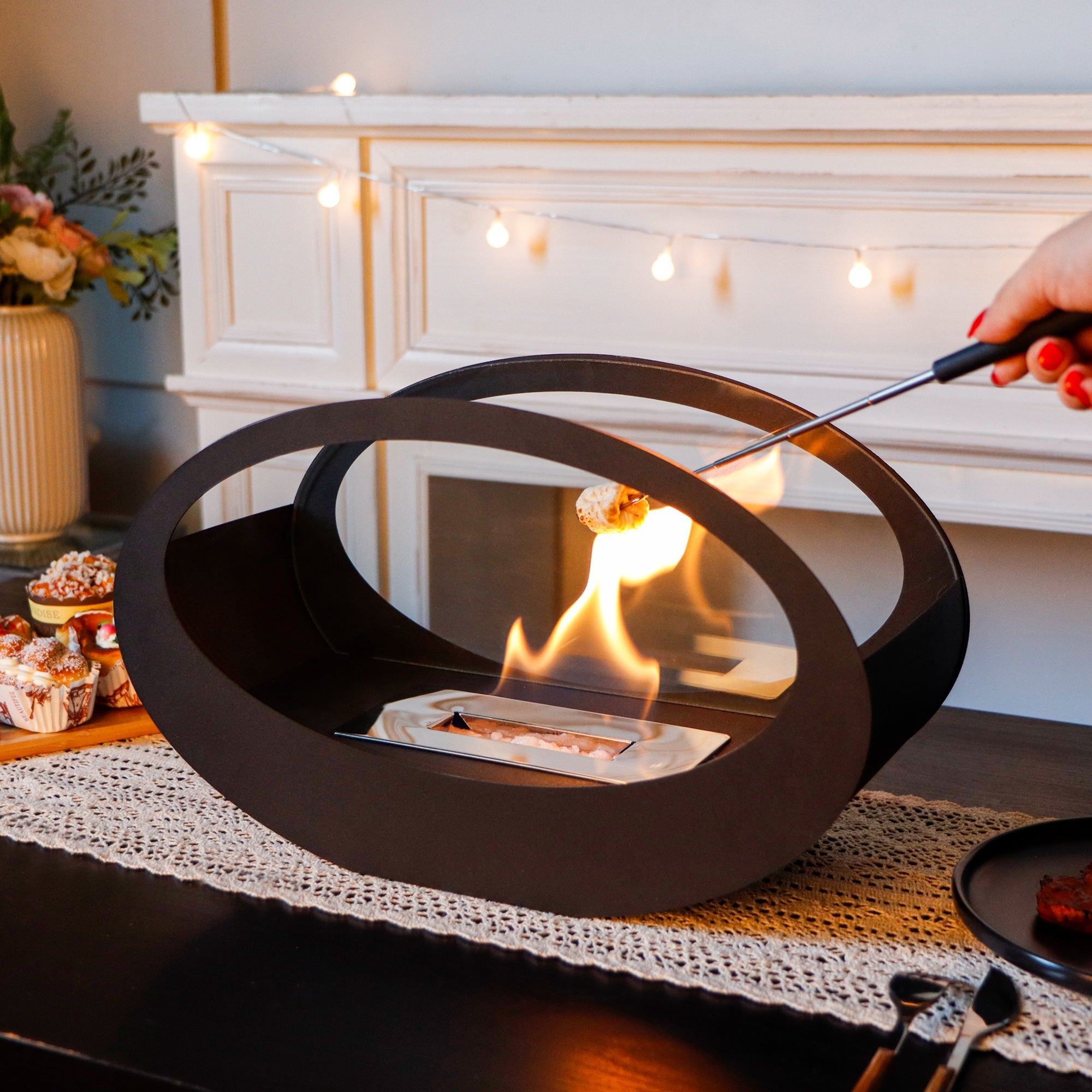 16x9.5 Inch Black Metal Tabletop Fireplace | Double Sided Oval Bio-Ethanol Fire Bowl for Indoor/Outdoor-3