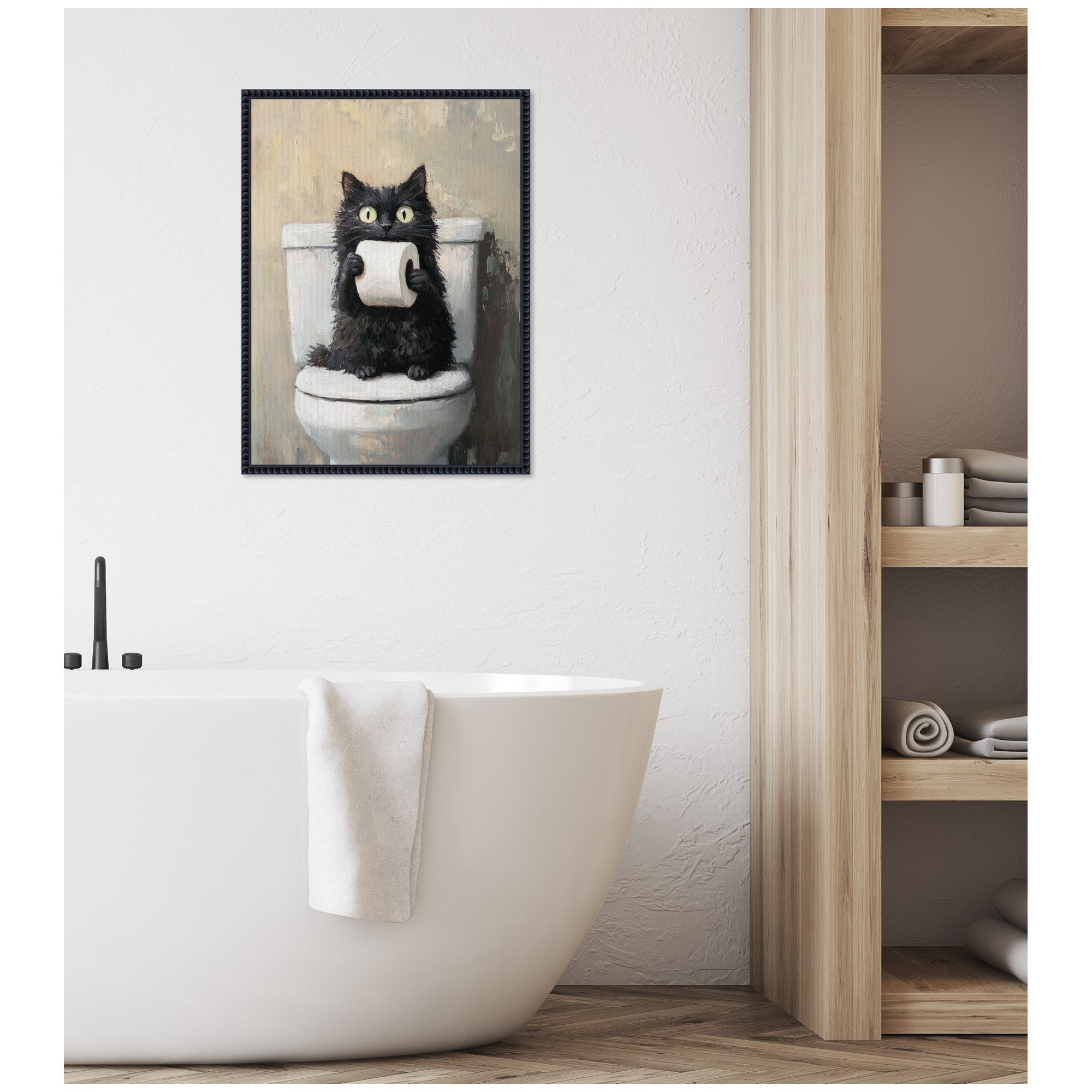 Sylvie Funny Black Cat Toilet Paper Roll Toilet Bathroom Art Framed Canvas by The Creative Bunch Studio