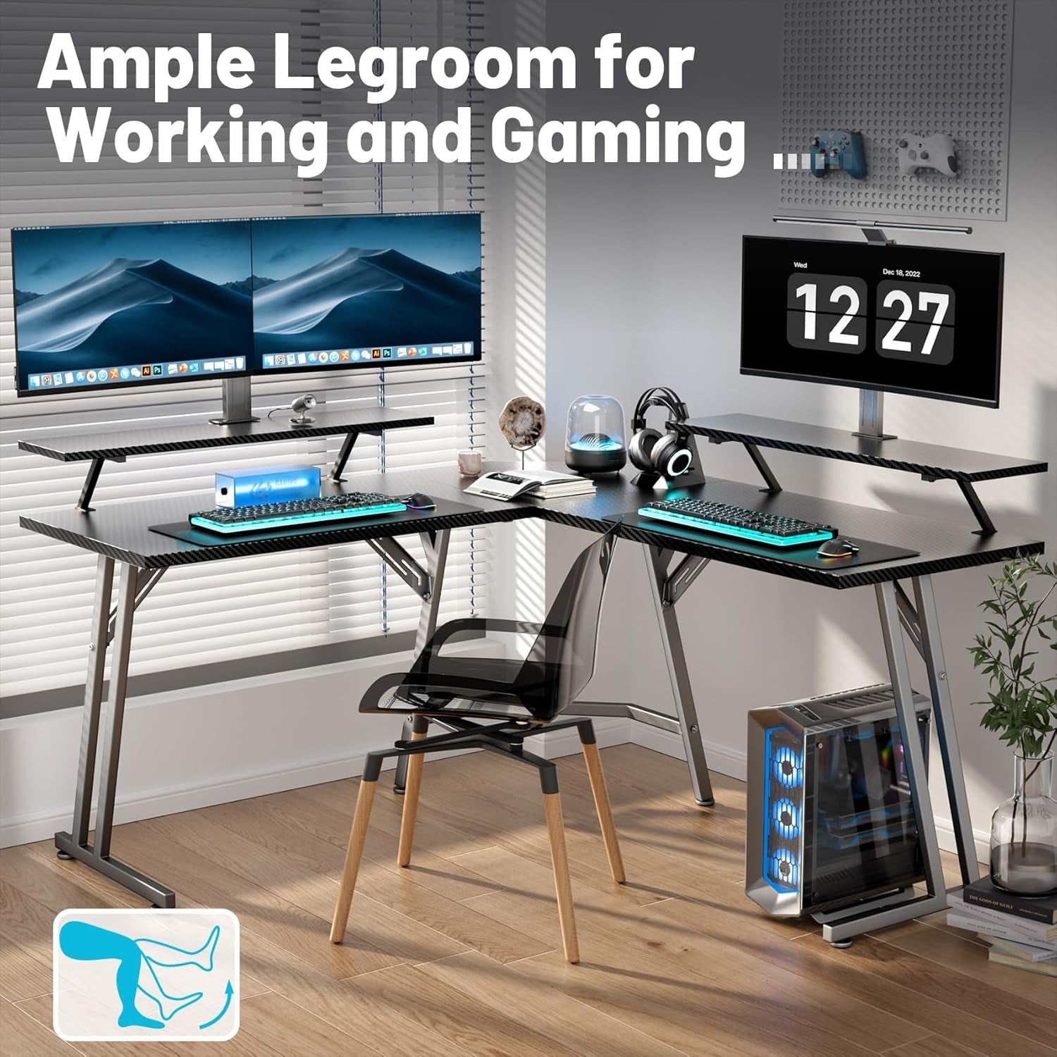 51 Inch L Shaped Gaming Desk With Monitor Stand For Home Office
