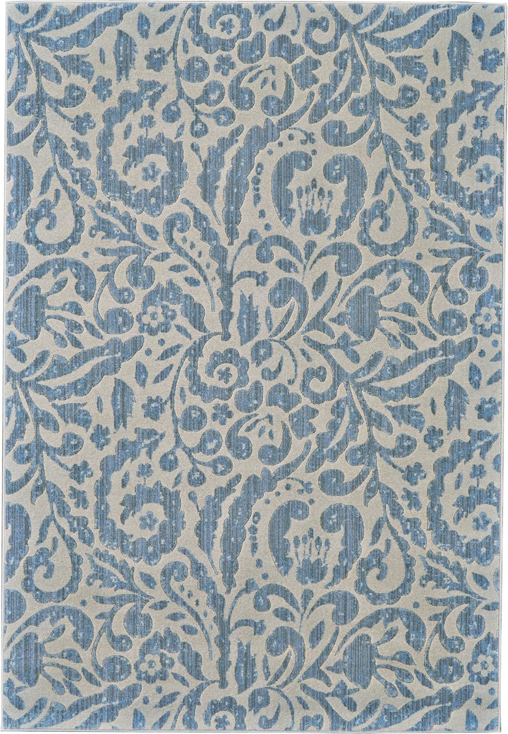 5' X 8' Blue Ivory And Tan Floral Distressed Stain Resistant Area Rug-0