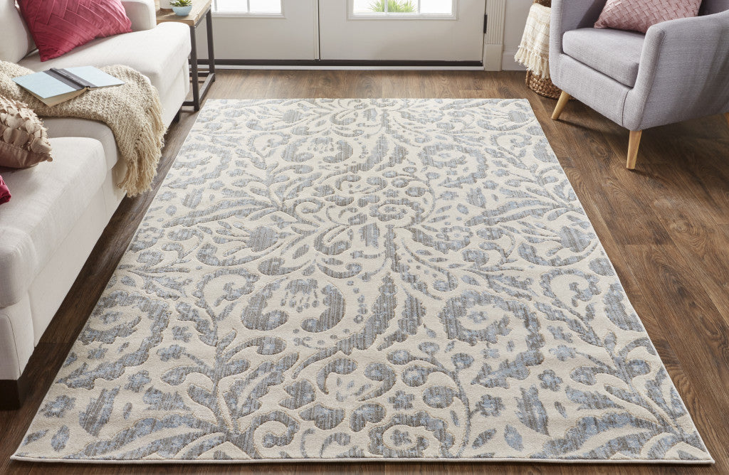 5' X 8' Blue Ivory And Tan Floral Distressed Stain Resistant Area Rug-5