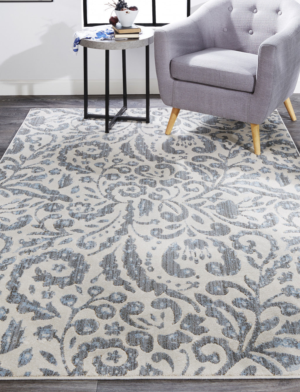 5' X 8' Blue Ivory And Tan Floral Distressed Stain Resistant Area Rug-6