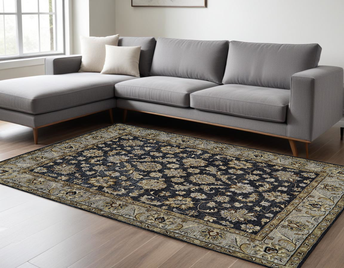 8' X 11' Blue Gray And Taupe Wool Floral Tufted Handmade Stain Resistant Area Rug-0