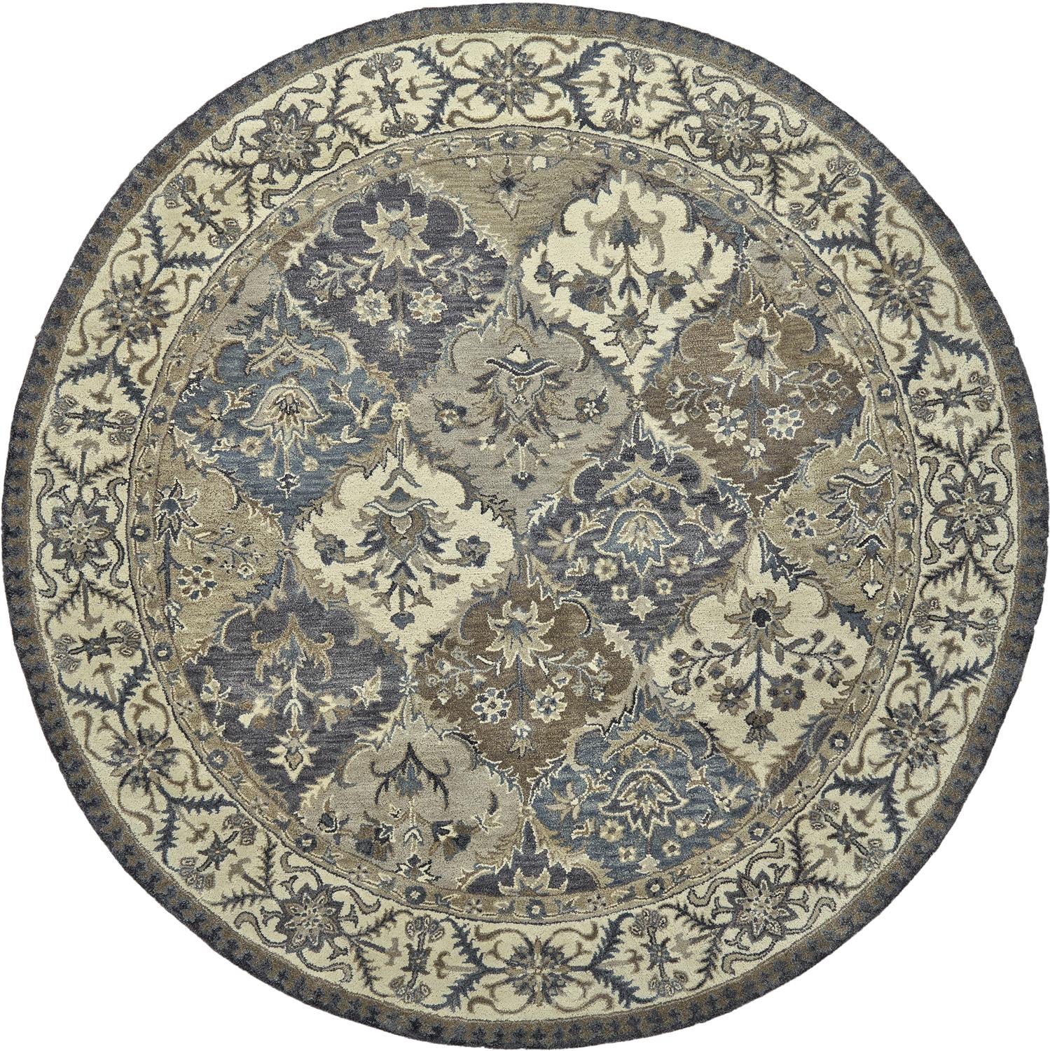 8' Blue Gray And Taupe Round Wool Paisley Tufted Handmade Stain Resistant Area Rug-0