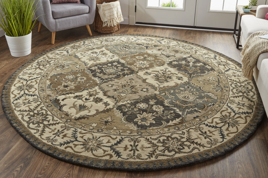 8' Blue Gray And Taupe Round Wool Paisley Tufted Handmade Stain Resistant Area Rug-2