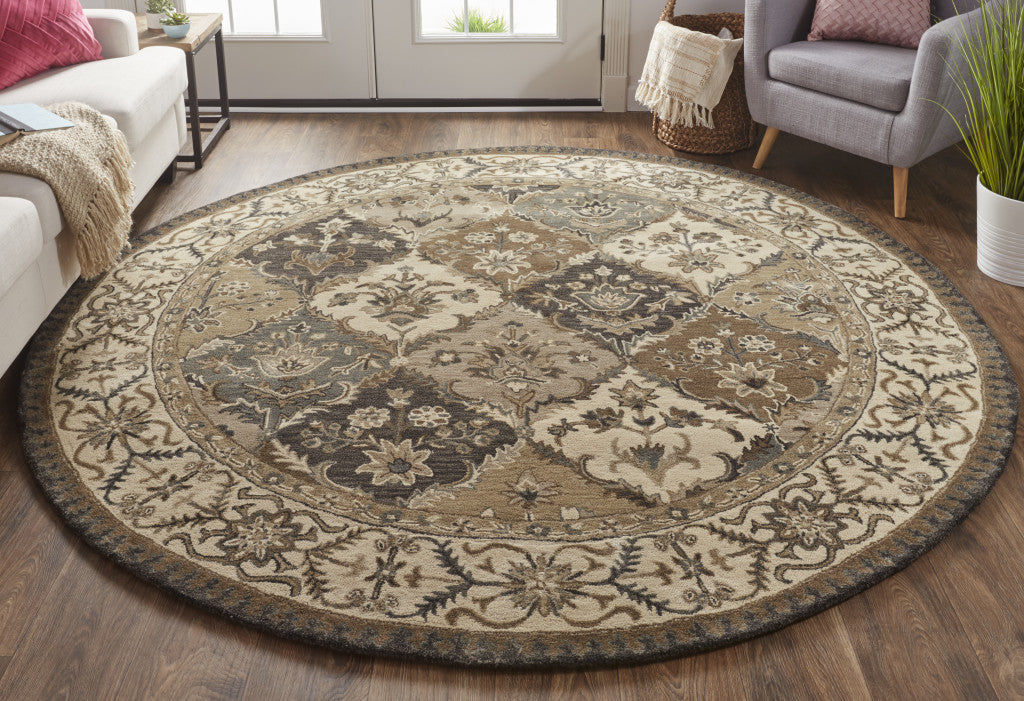 8' Blue Gray And Taupe Round Wool Paisley Tufted Handmade Stain Resistant Area Rug-3