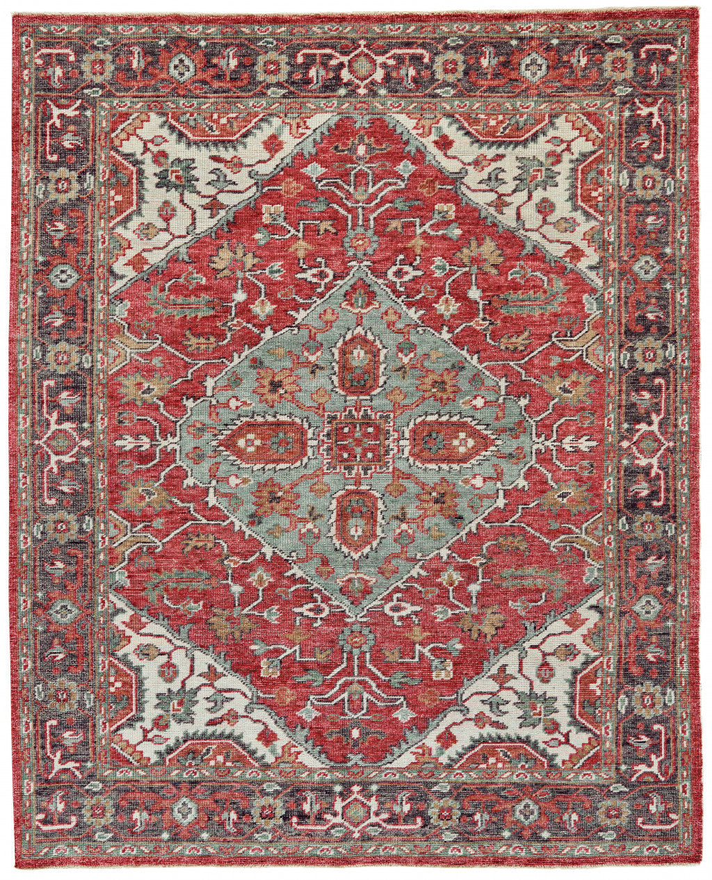 2' X 3' Red Gray And Ivory Wool Floral Hand Knotted Distressed Stain Resistant Area Rug With Fringe-1