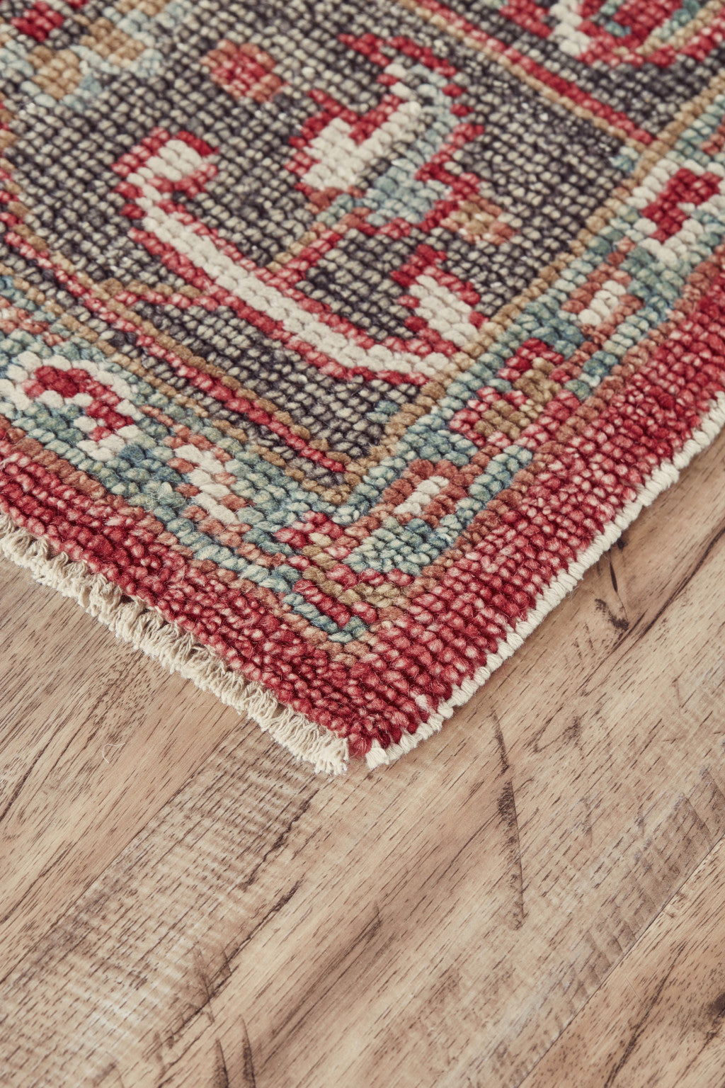 2' X 3' Red Gray And Ivory Wool Floral Hand Knotted Distressed Stain Resistant Area Rug With Fringe-3