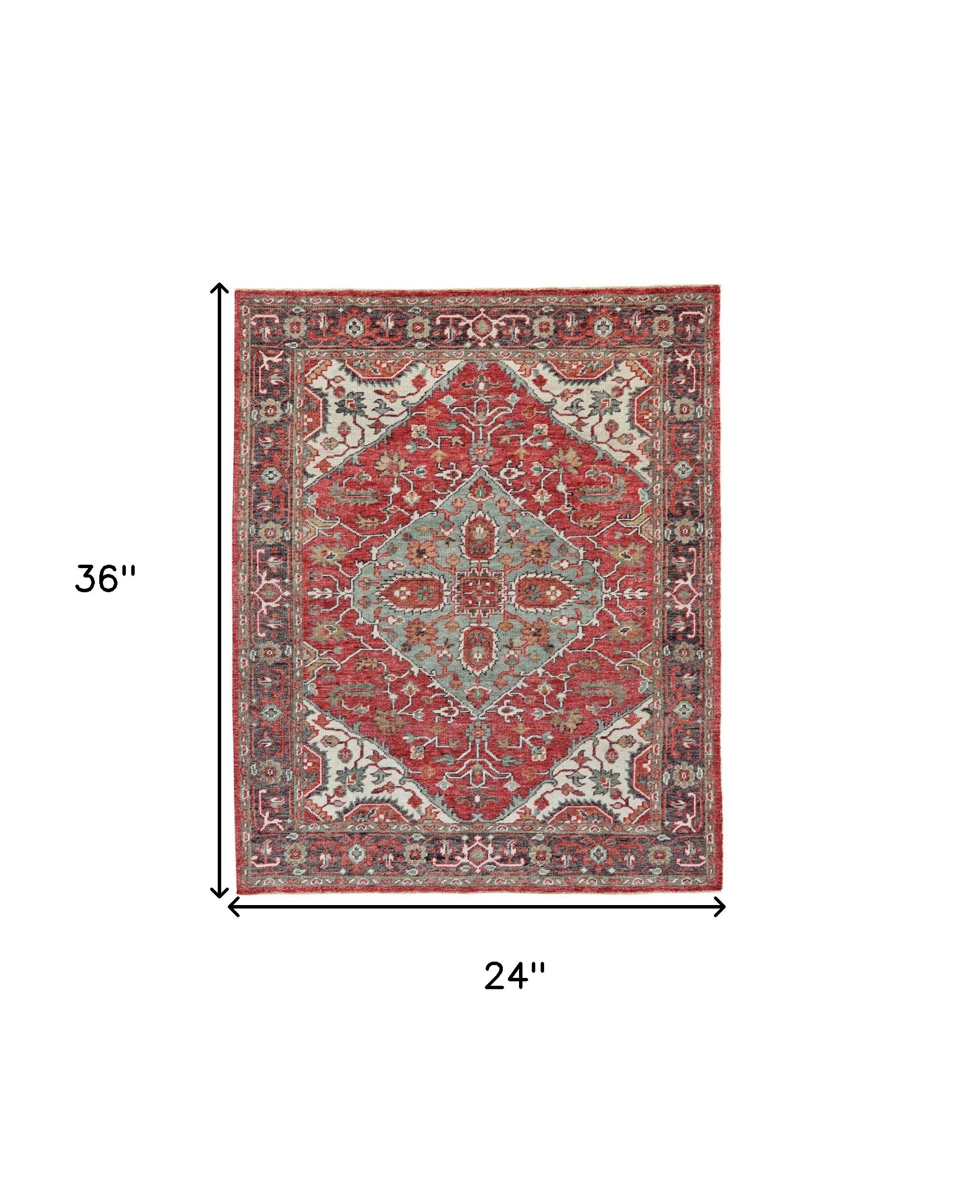 2' X 3' Red Gray And Ivory Wool Floral Hand Knotted Distressed Stain Resistant Area Rug With Fringe-2