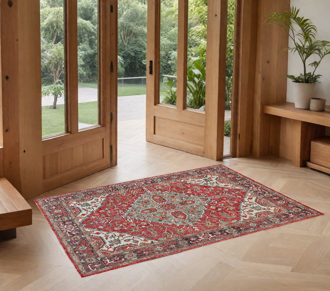 2' X 3' Red Gray And Ivory Wool Floral Hand Knotted Distressed Stain Resistant Area Rug With Fringe-0