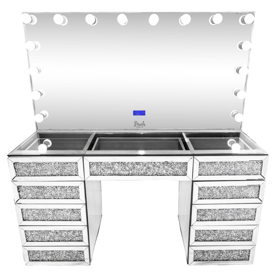 Icy - 59" Mirrored/ Bejewled Glass top Press-Open Vanity & Frameless Mirror