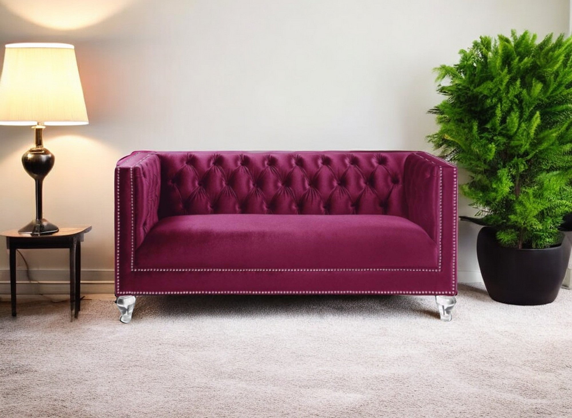 67" Burgundy Tufted Velvet Bling and Acrylic Love Seat-1