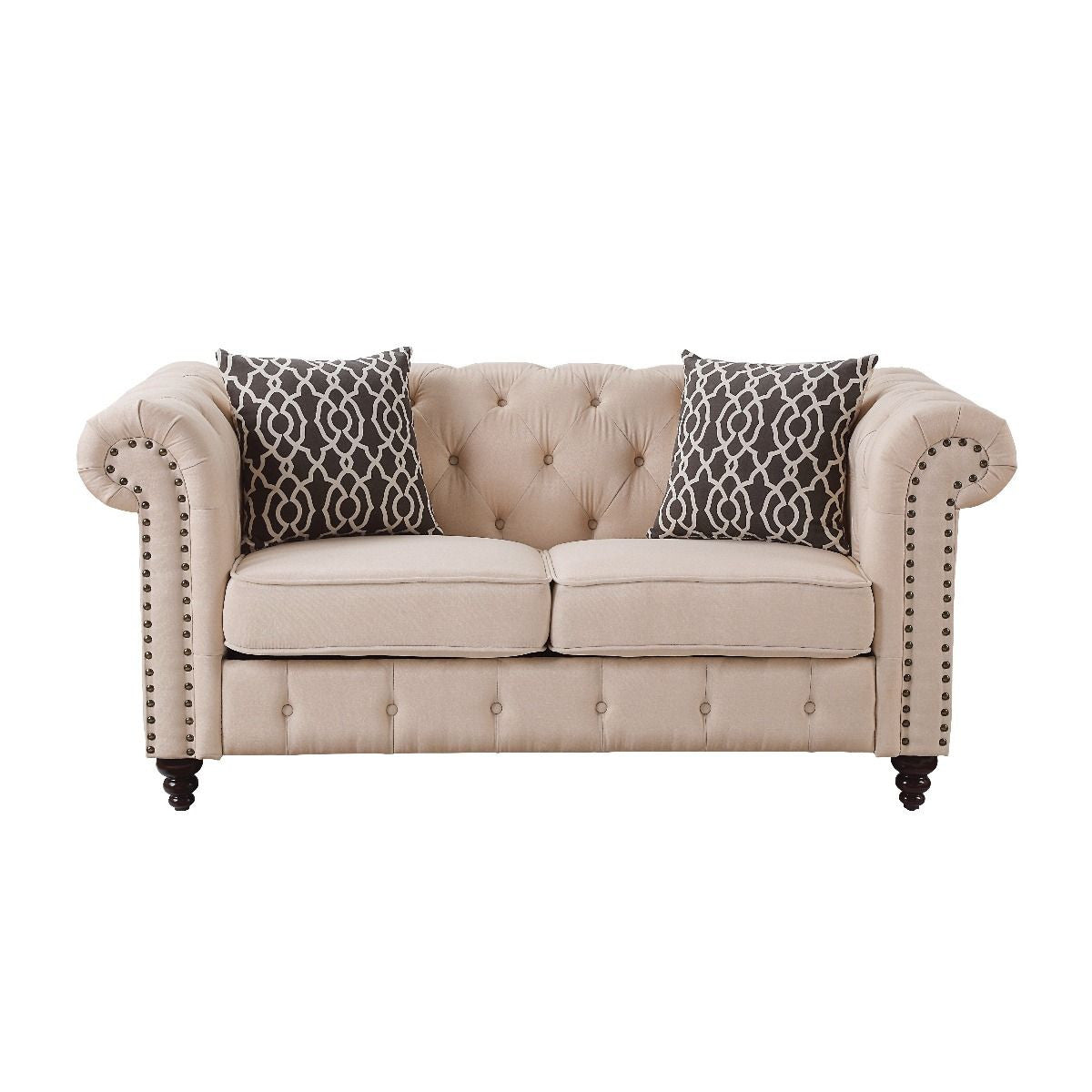 67" Beige And Dark Brown Linen Loveseat-2