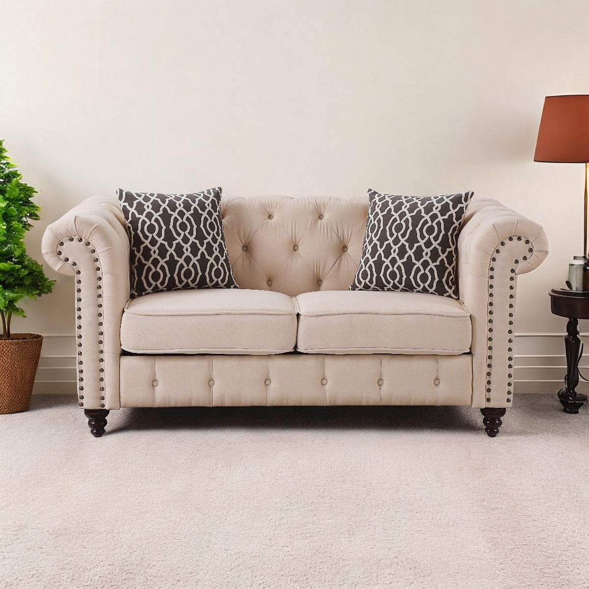 67" Beige And Dark Brown Linen Loveseat-1