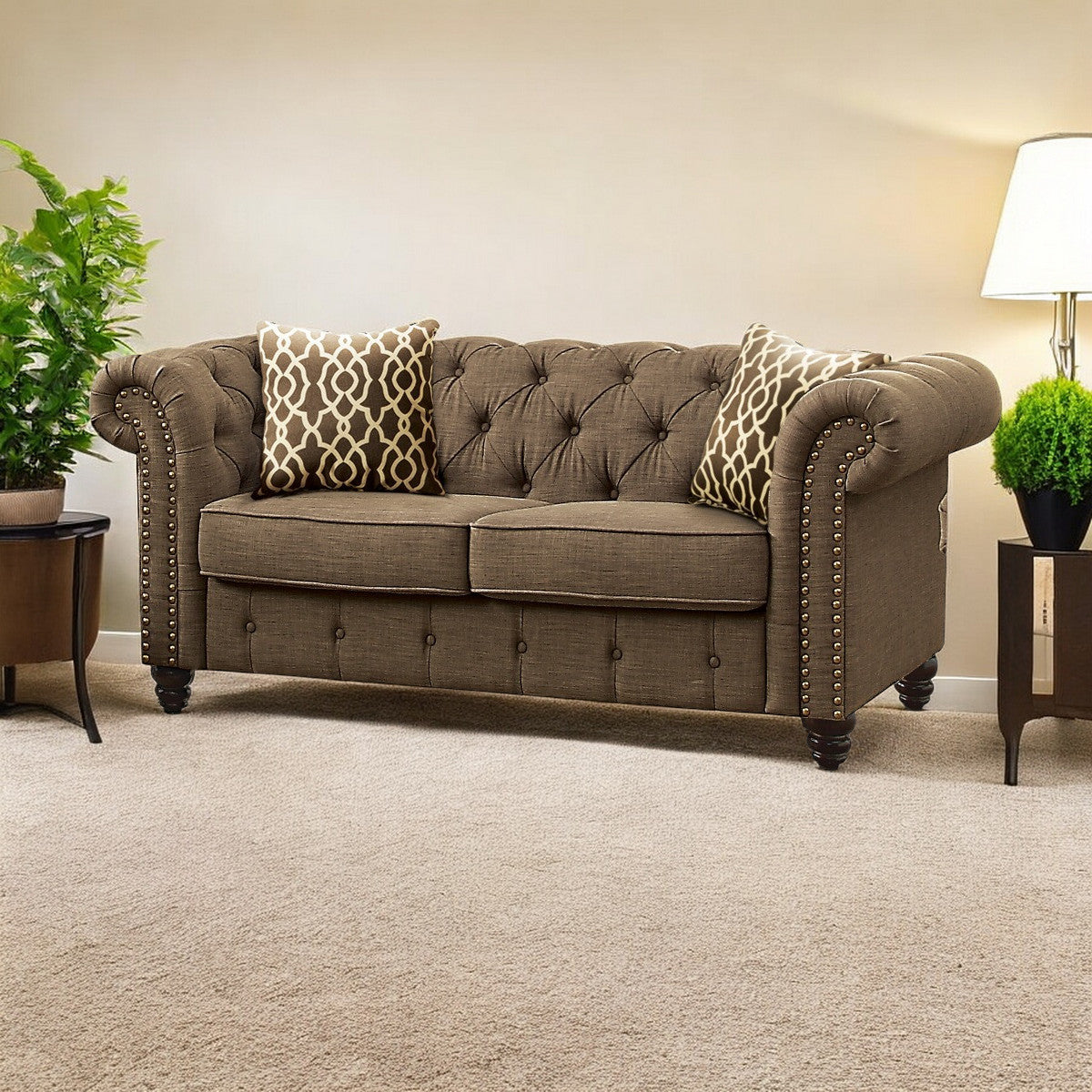 67" Brown And Dark Brown Linen Loveseat-1