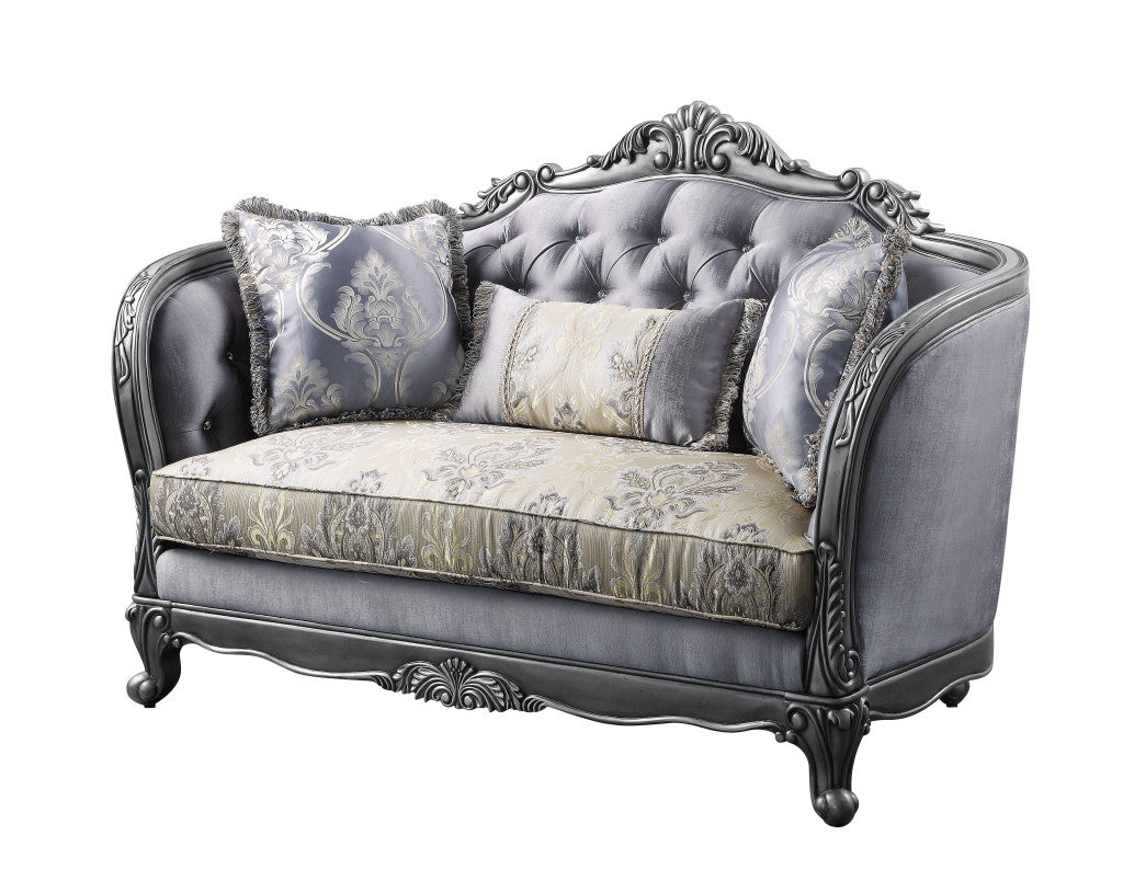 65" Gray And Platinum Silk Blend Loveseat and Toss Pillows-0