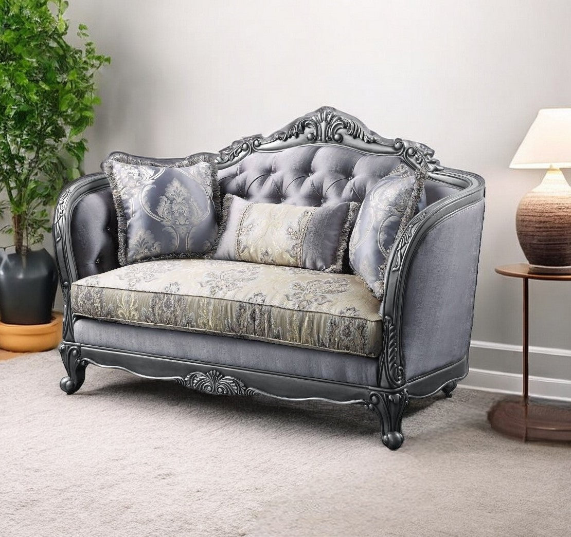 65" Gray And Platinum Silk Blend Loveseat and Toss Pillows-1