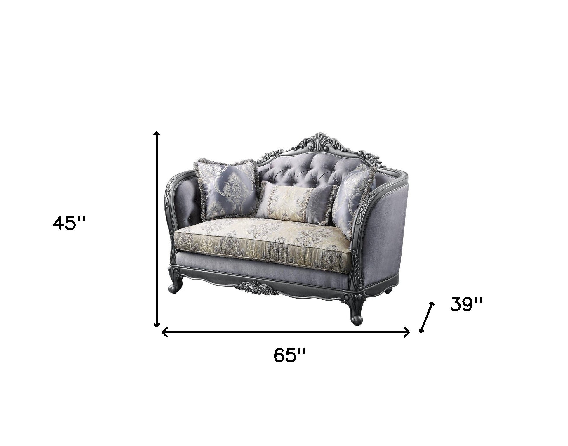 65" Gray And Platinum Silk Blend Loveseat and Toss Pillows-4