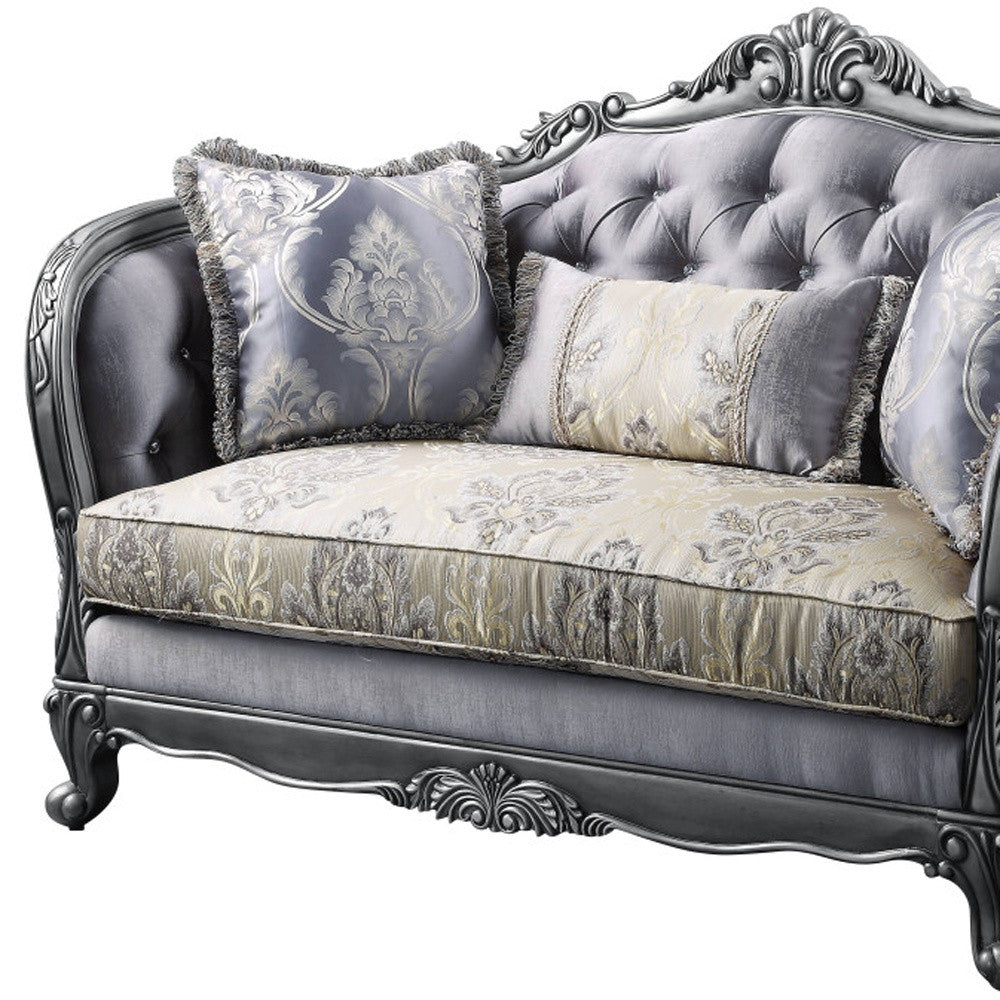 65" Gray And Platinum Silk Blend Loveseat and Toss Pillows-3