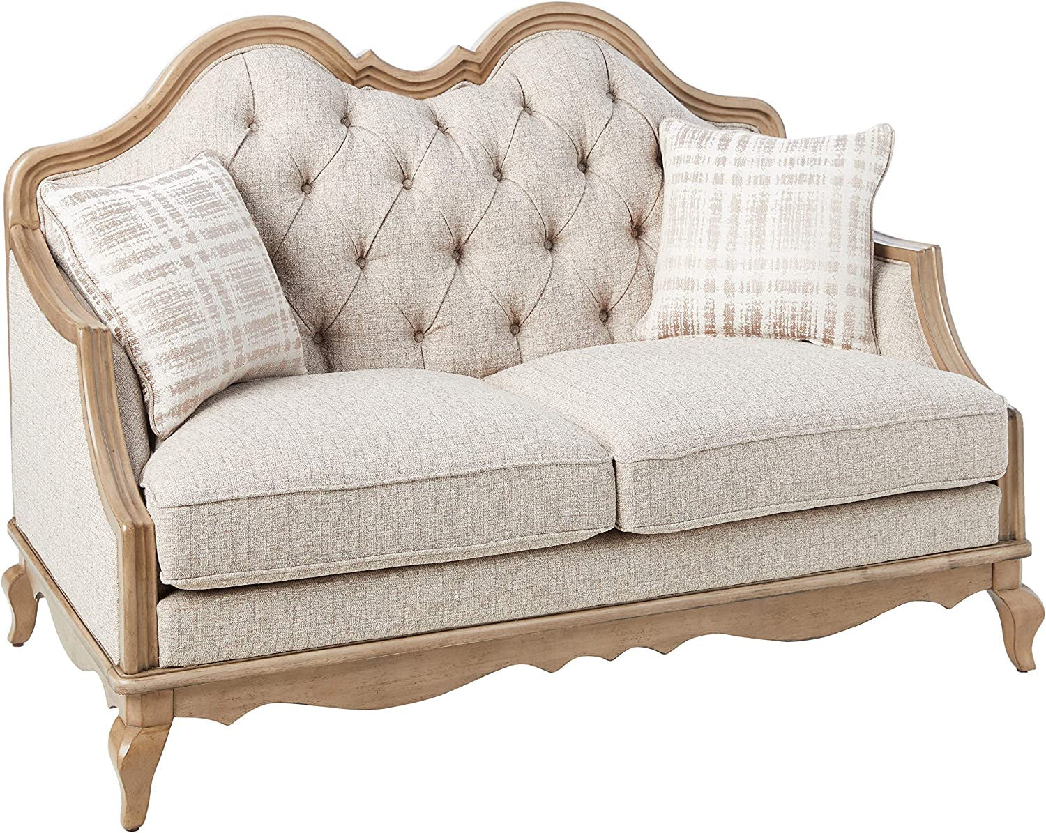 62" Beige And Brown Linen Loveseat and Toss Pillows-0