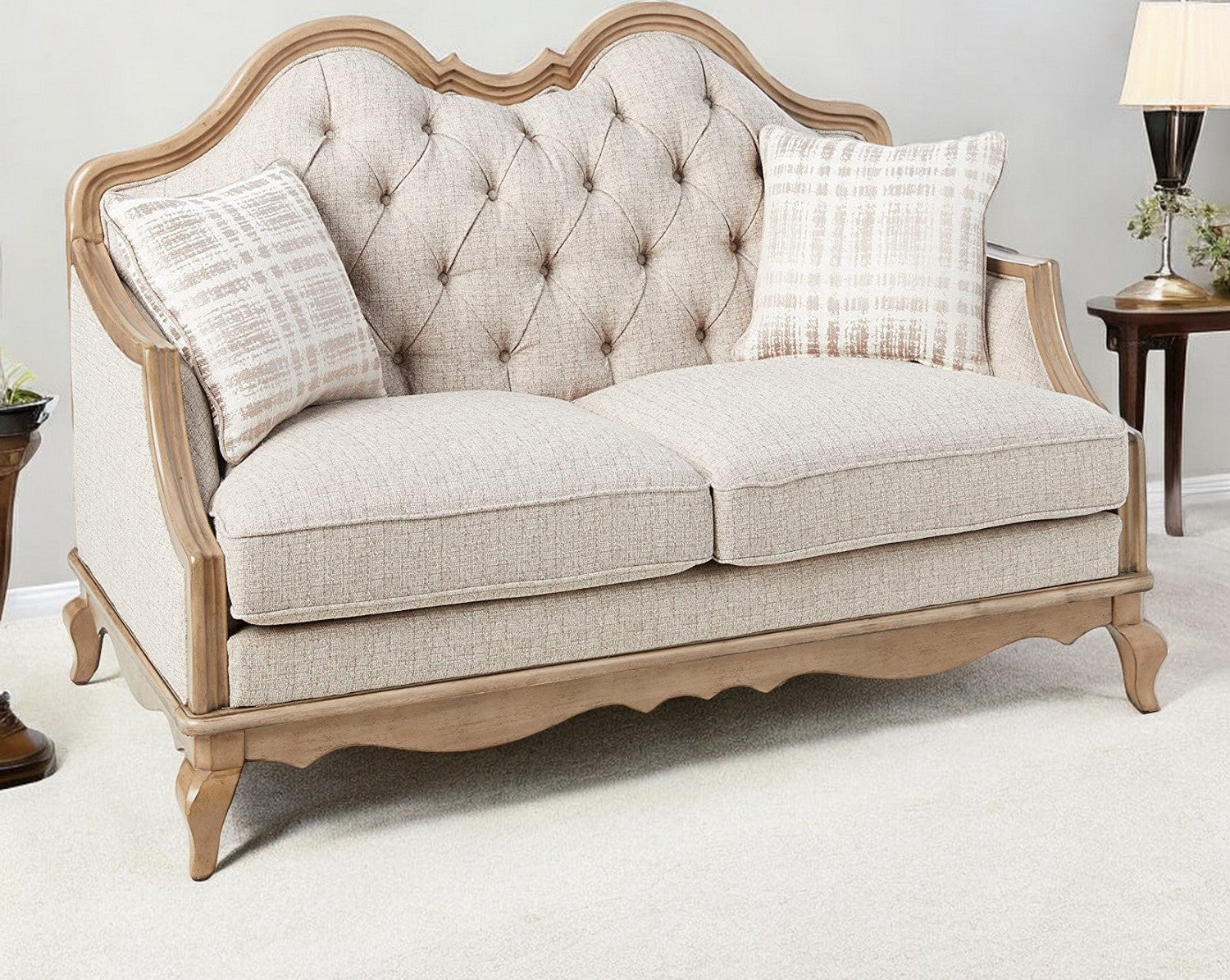 62" Beige And Brown Linen Loveseat and Toss Pillows-1