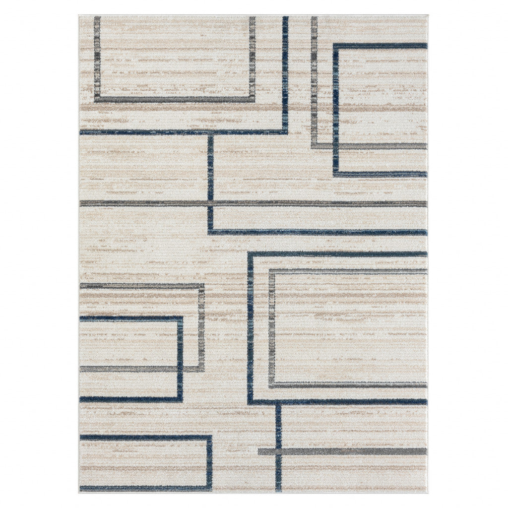 5' X 7' Ivory Blue and Gray Geometric Area Rug-2