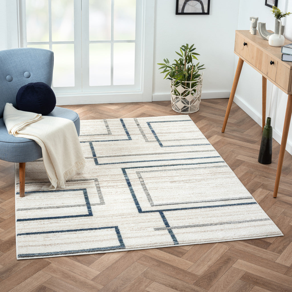 5' X 7' Ivory Blue and Gray Geometric Area Rug-7