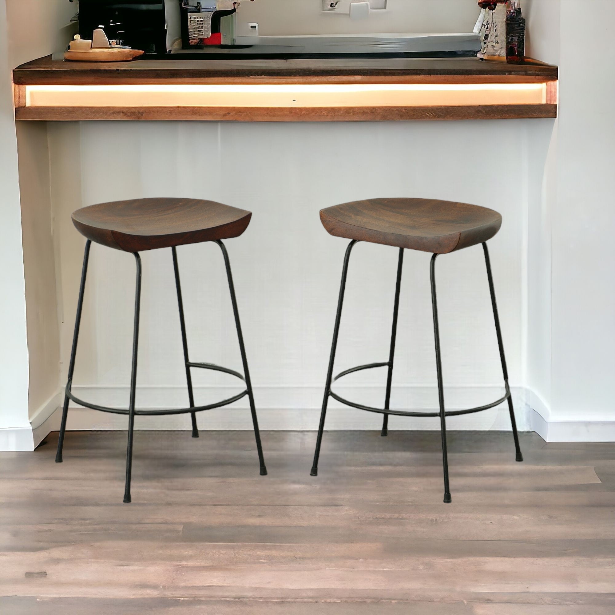 Set of Two 25" Chestnut And Black Steel Backless Counter Height Bar Chairs-1