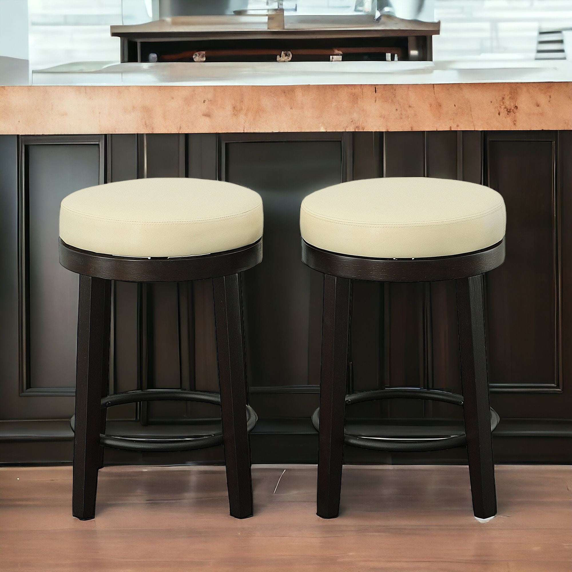 Set of Two 24" Cream And Espresso Faux Leather And Solid Wood Swivel Backless Counter Height Bar Chairs-0