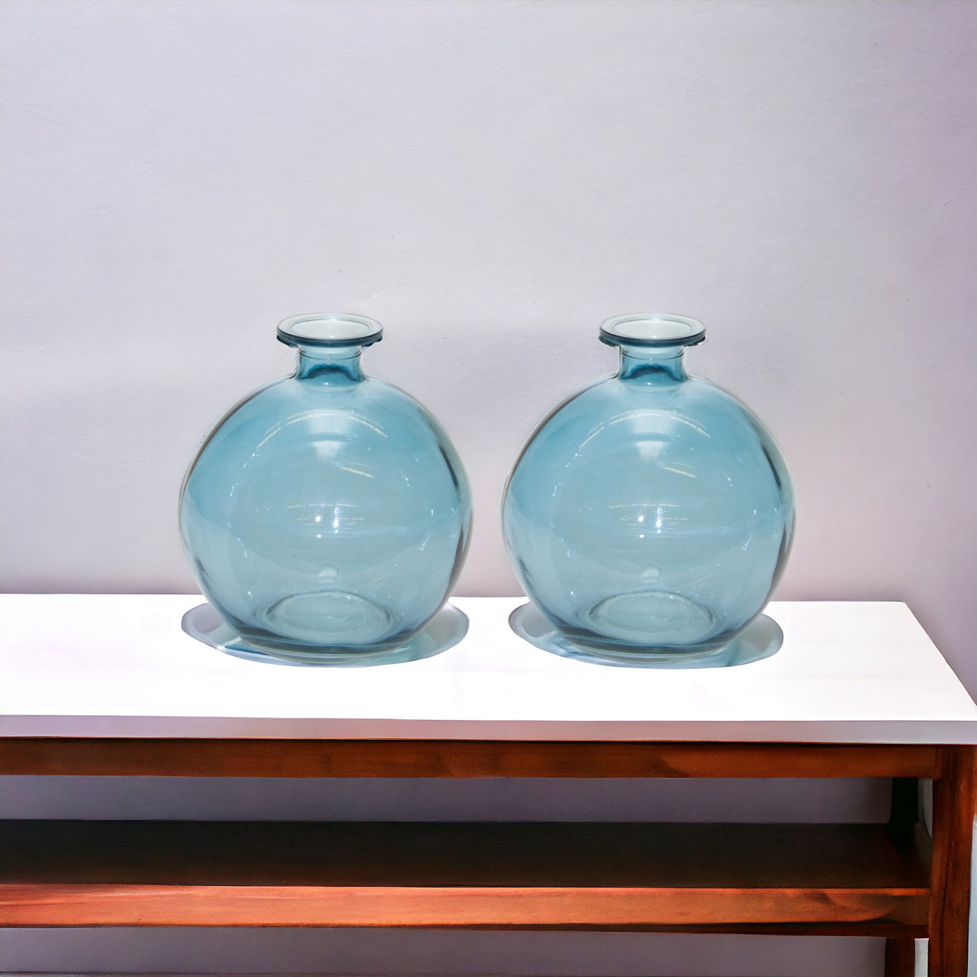 Set of Two 6" Blue Glass Round Table Vases-2