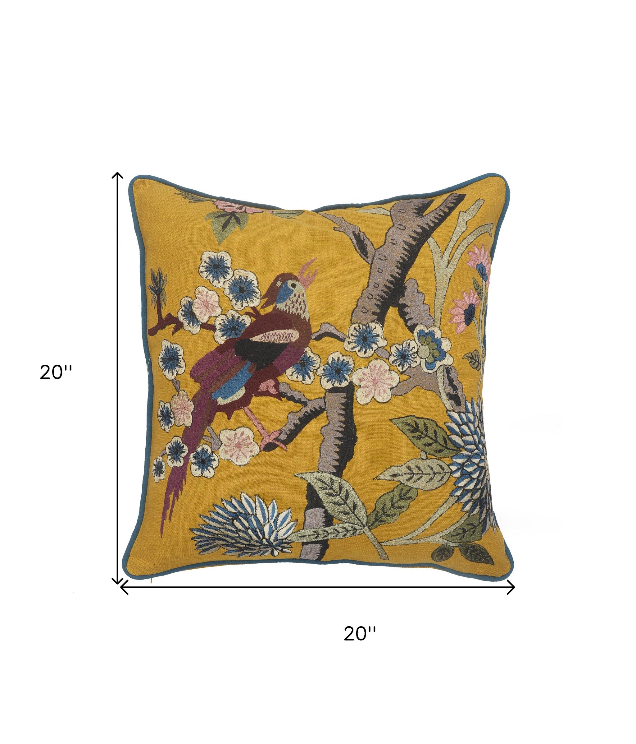 20" X 20" Blue and Yellow Bird Floral Cotton Zippered Pillow With Embroidery-6