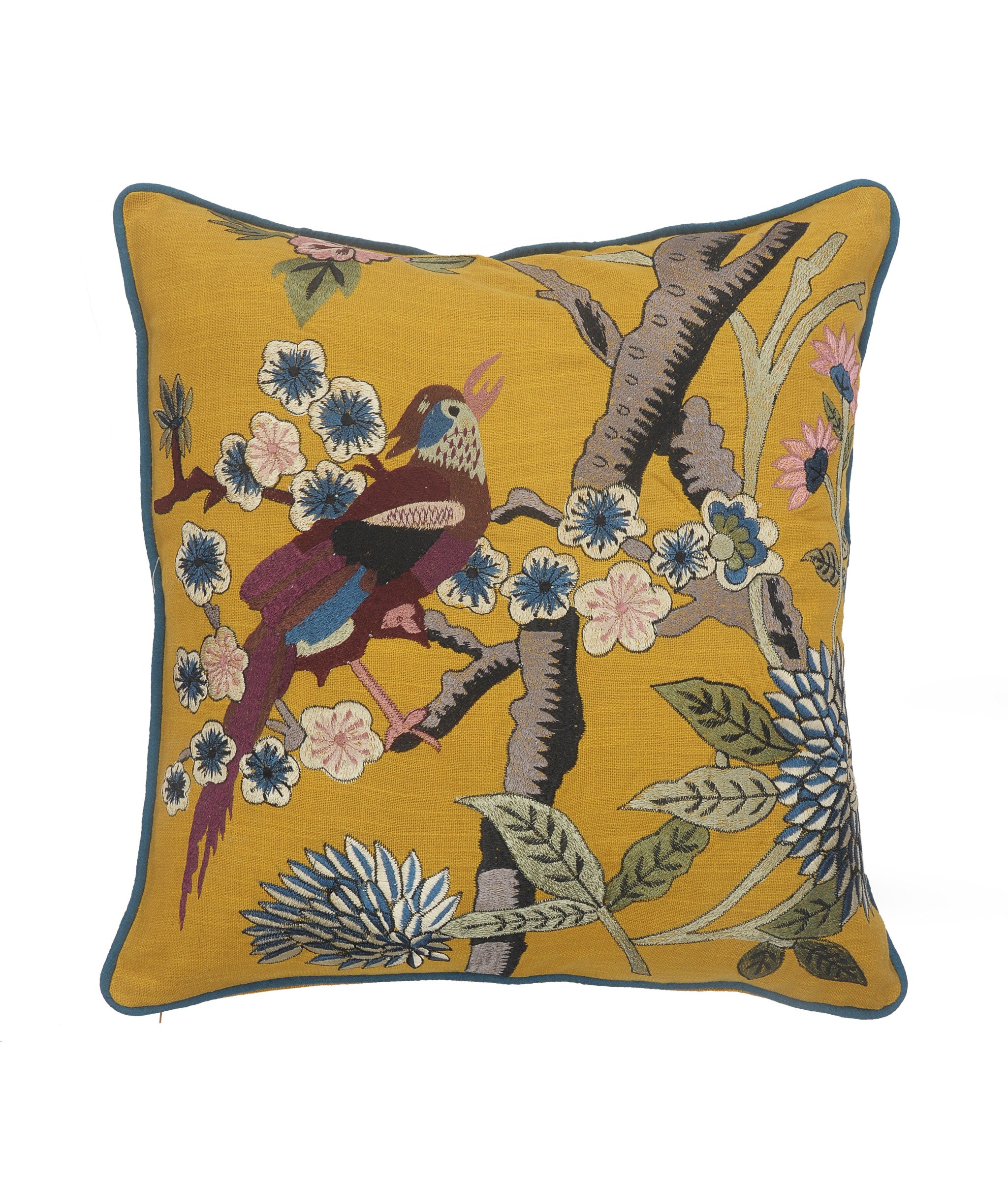 20" X 20" Blue and Yellow Bird Floral Cotton Zippered Pillow With Embroidery-0