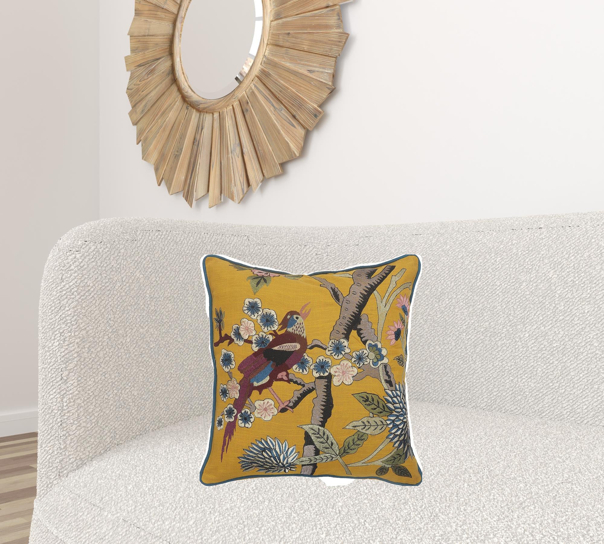 20" X 20" Blue and Yellow Bird Floral Cotton Zippered Pillow With Embroidery-1