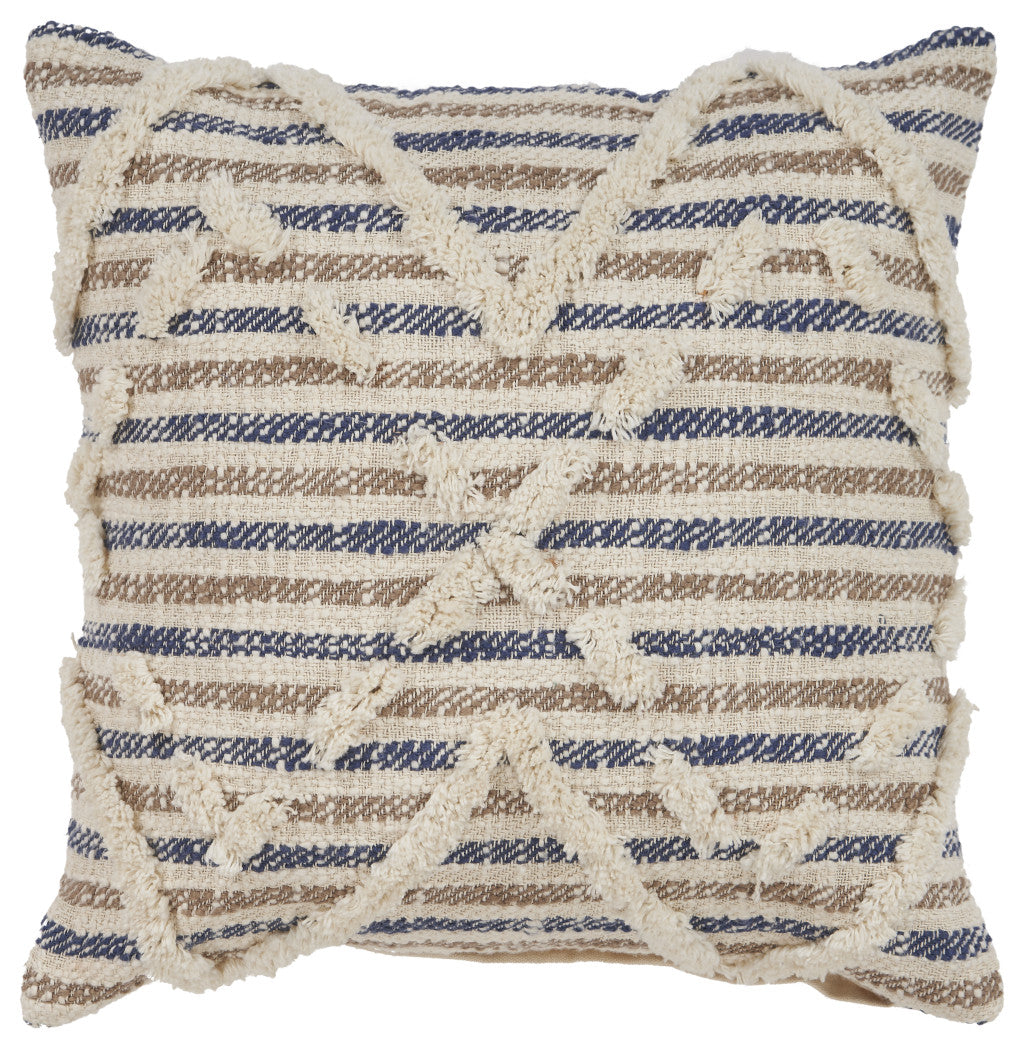 18" X 18" Blue and Beige Striped Cotton Zippered Pillow-0