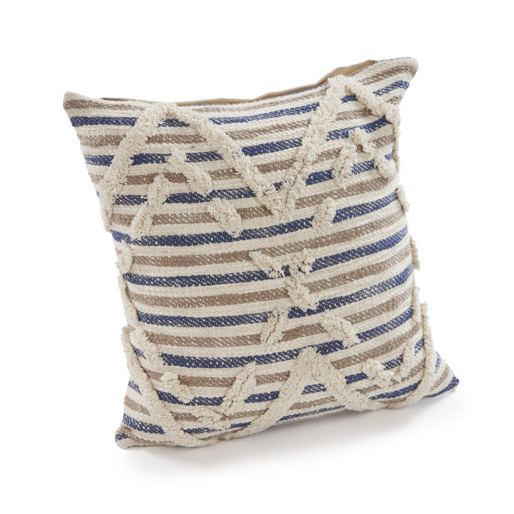 18" X 18" Blue and Beige Striped Cotton Zippered Pillow-1