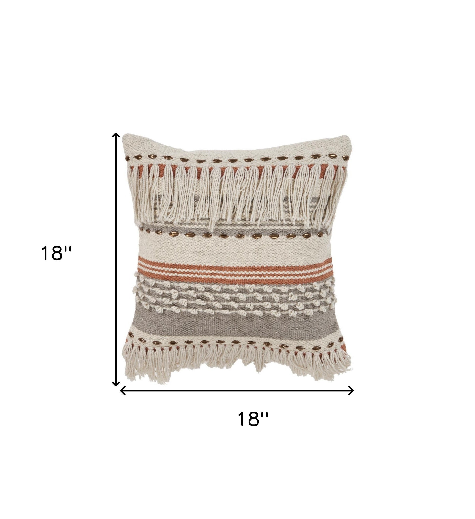 18" X 18" Beige and Red Striped Cotton Zippered Pillow With Fringe-6