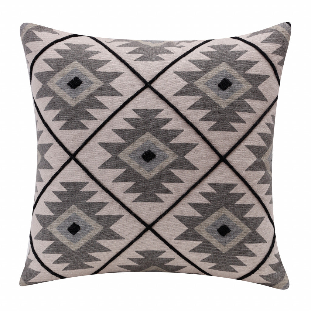 20" X 20" Gray And Black 100% Cotton Geometric Zippered Pillow-0