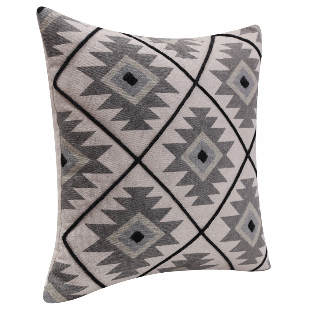 20" X 20" Gray And Black 100% Cotton Geometric Zippered Pillow-1