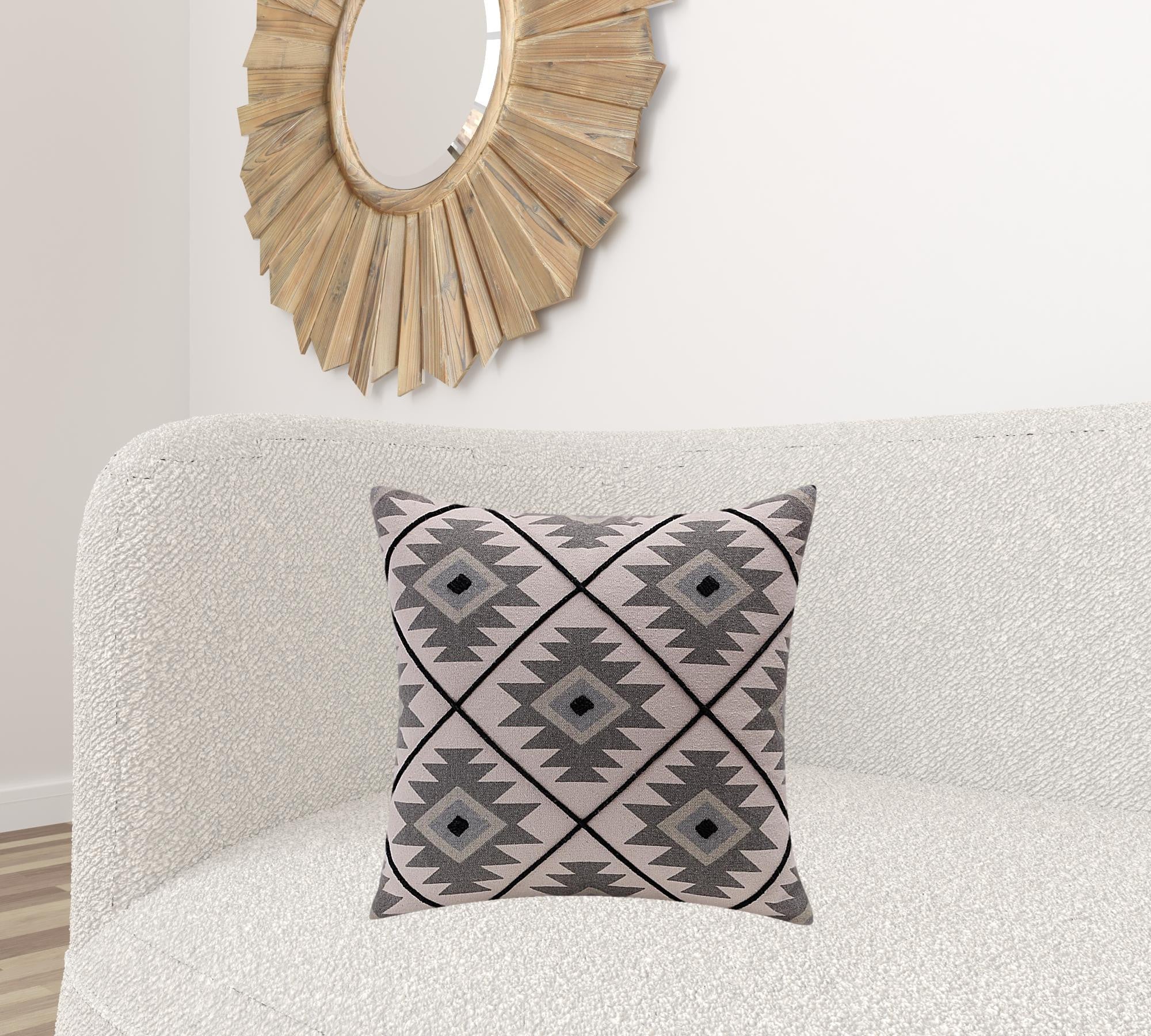 20" X 20" Gray And Black 100% Cotton Geometric Zippered Pillow-6