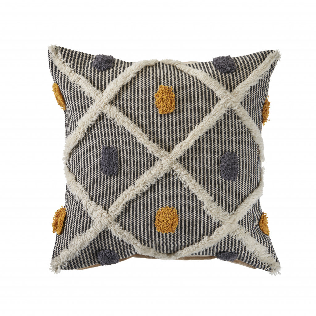 20" X 20" Black Gray Yellow And Off-White 100% Cotton Geometric Zippered Pillow-0