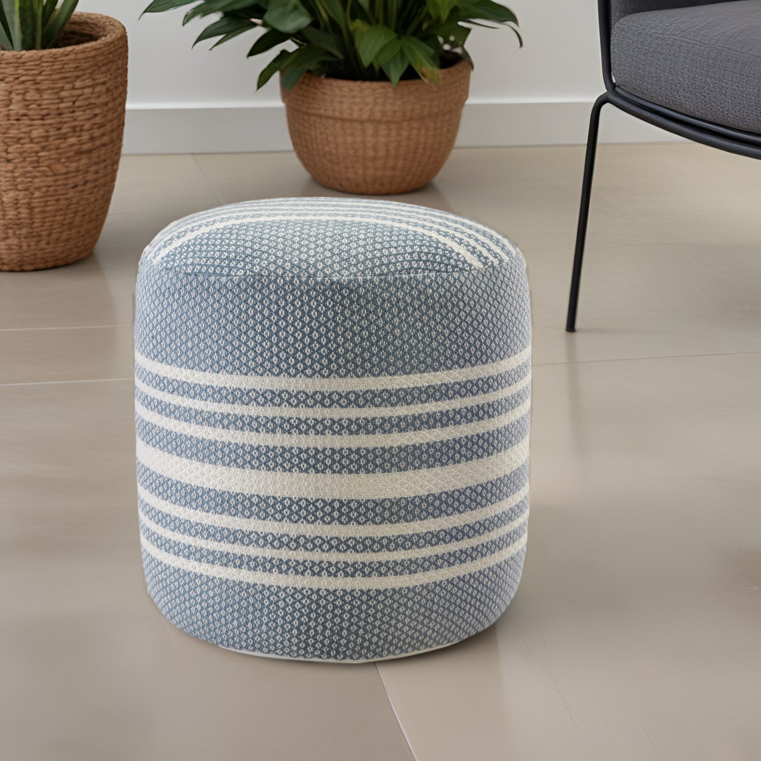 20" Blue Polyester Round Striped Indoor Outdoor Pouf Ottoman-0