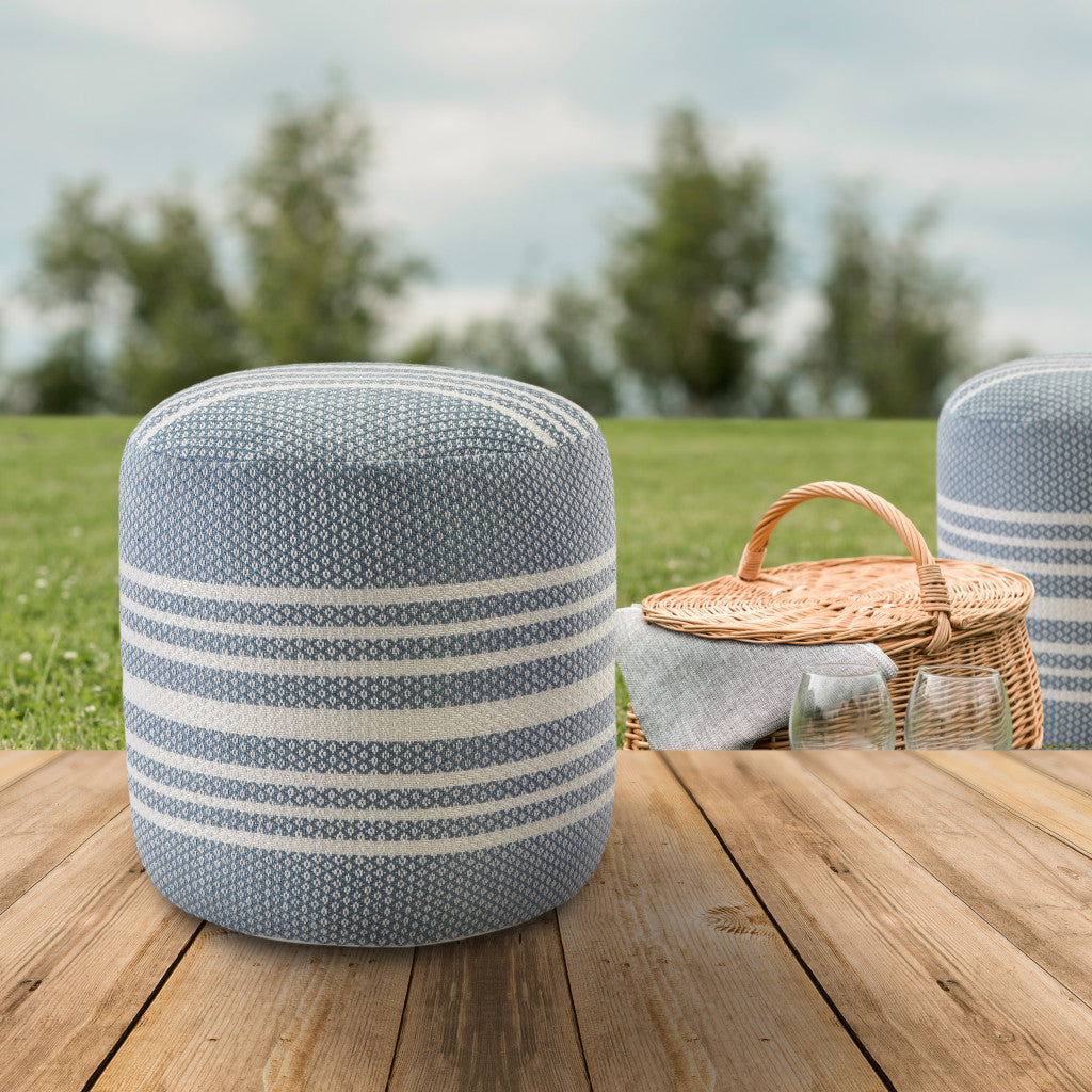 20" Blue Polyester Round Striped Indoor Outdoor Pouf Ottoman-6