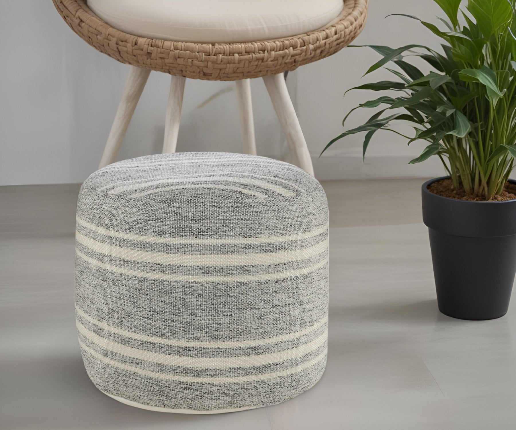 18" Gray Polyester Round Striped Indoor Outdoor Pouf Ottoman-0