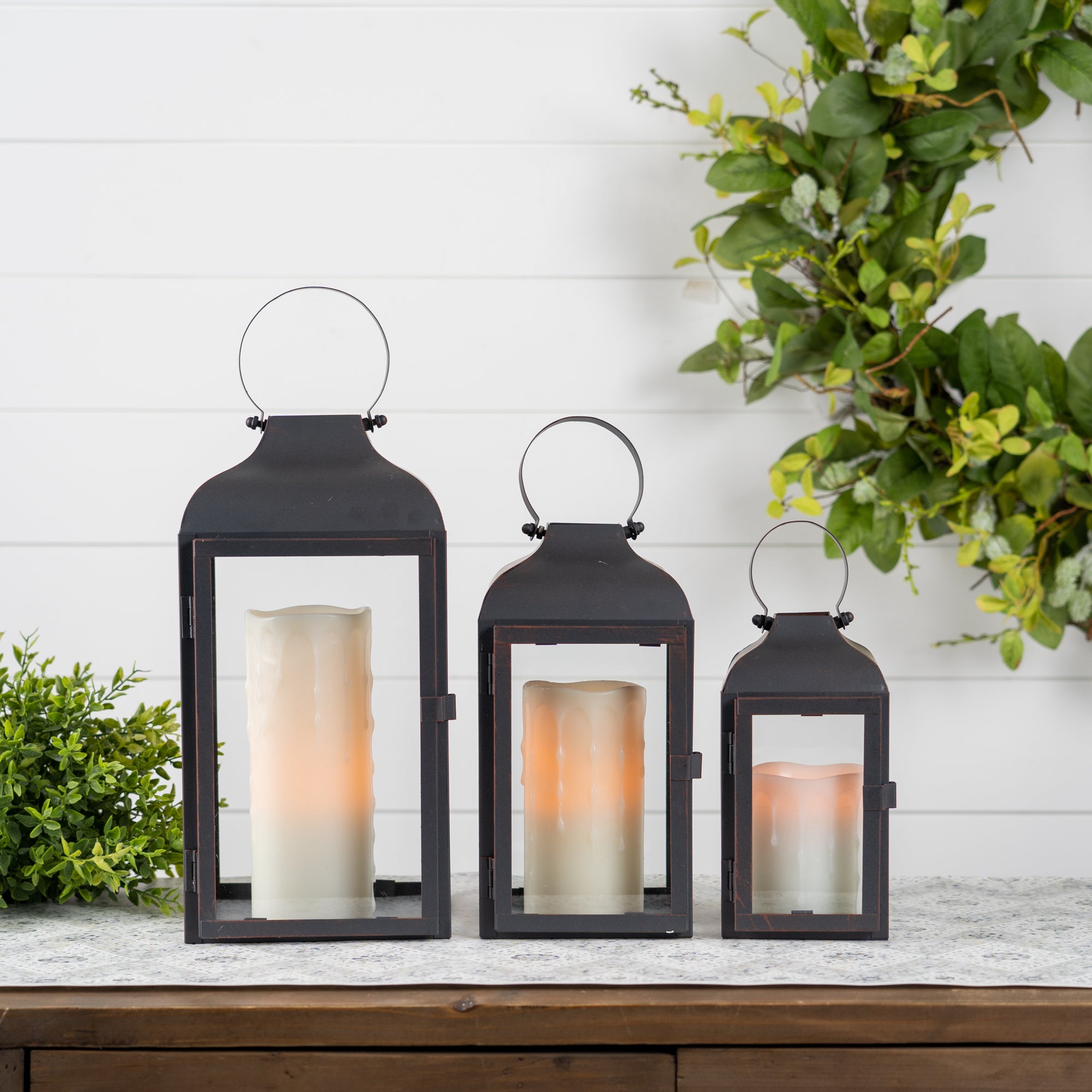 Set Of Two Black Flameless Floor Lantern Candle Holder-4